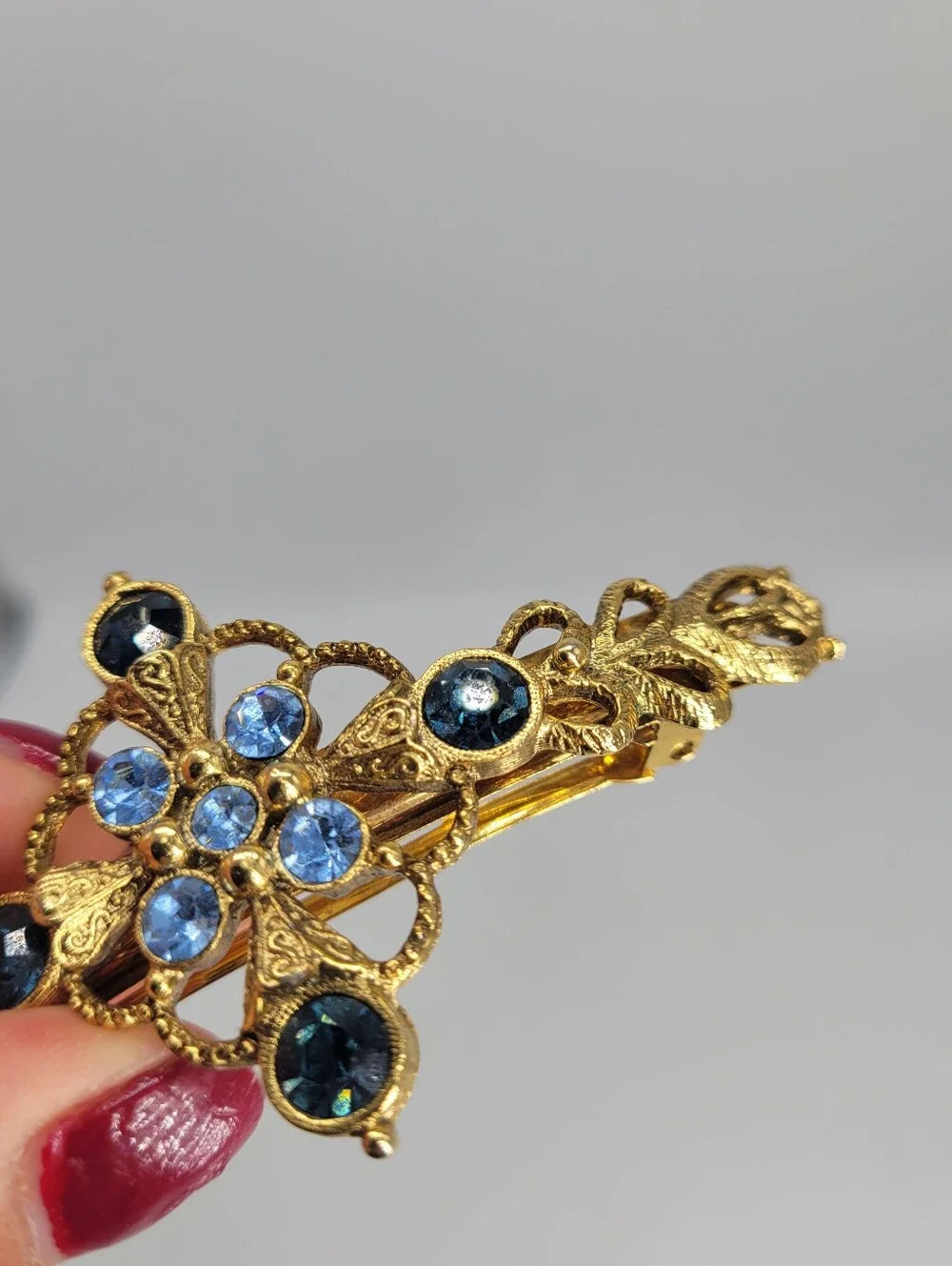 VTG style Maltese cross barrette Hair Clip gold tone filigreeblue rhinestones